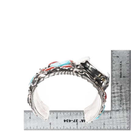6.25" Victor Chee Navajo sterling silver, turquoise, coral watch cuff bracelet