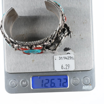 6.25" Victor Chee Navajo sterling silver, turquoise, coral watch cuff bracelet