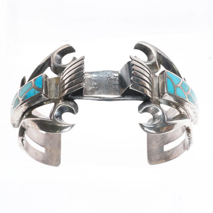 6.25" Lester Ortiz Navajo sterling silver turquoise inlay watch cuff bracelet
