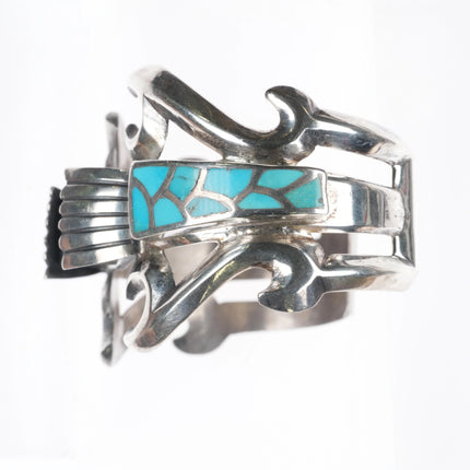 6.25" Lester Ortiz Navajo sterling silver turquoise inlay watch cuff bracelet