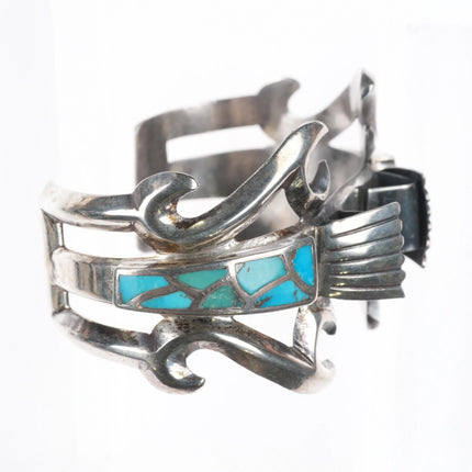 6.25" Lester Ortiz Navajo sterling silver turquoise inlay watch cuff bracelet