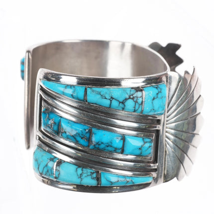 6.75" Vintage Navajo sterling silver spiderweb turquoise watch cuff bracelet