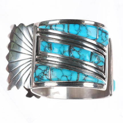 6.75" Vintage Navajo sterling silver spiderweb turquoise watch cuff bracelet