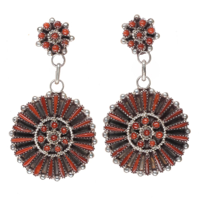 Vintage Shirley Lahi Zuni Sterling silver petit point coral dangle earrings - Estate Fresh Austin