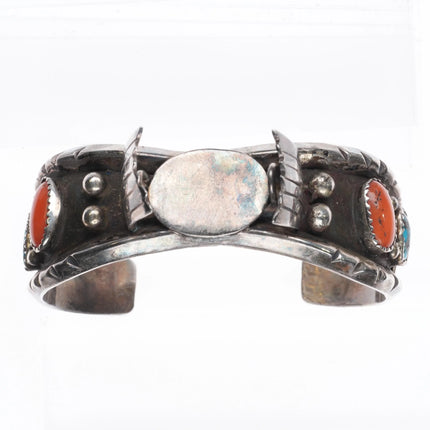 6.25" Gilbert Ortega Navajo sterling silver-turquoise, coral watch cuff bracelet - Estate Fresh Austin