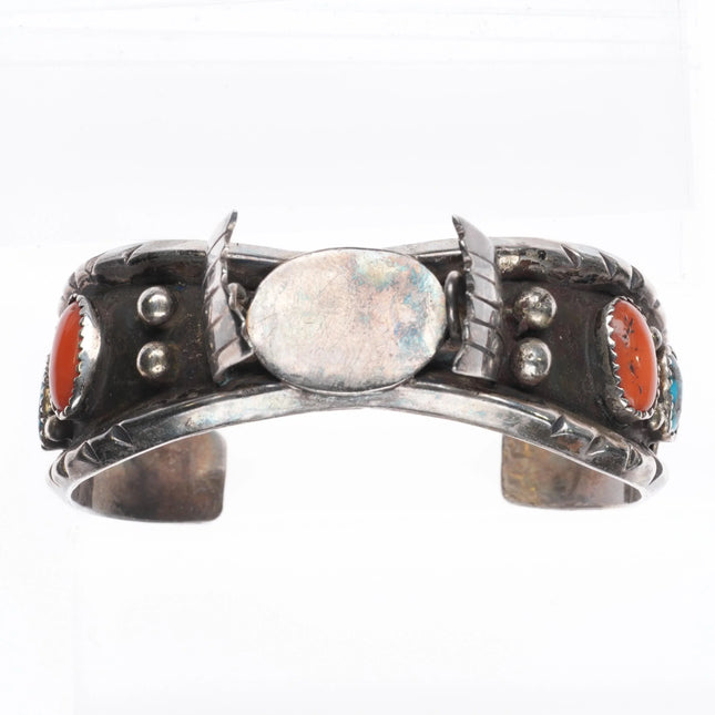6.25" Gilbert Ortega Navajo sterling silver-turquoise, coral watch cuff bracelet - Estate Fresh Austin