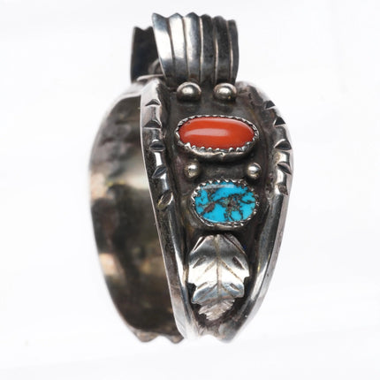 6.25" Gilbert Ortega Navajo sterling silver-turquoise, coral watch cuff bracelet - Estate Fresh Austin