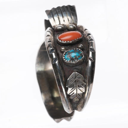 6.25" Gilbert Ortega Navajo sterling silver-turquoise, coral watch cuff bracelet - Estate Fresh Austin