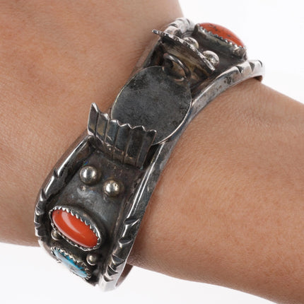 6.25" Gilbert Ortega Navajo sterling silver-turquoise, coral watch cuff bracelet - Estate Fresh Austin