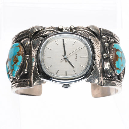 7" Vintage J Tso Navajo sterling silver #8 Turquoise watch cuff bracelet w/Timex - Estate Fresh Austin