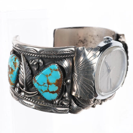 7" Vintage J Tso Navajo sterling silver #8 Turquoise watch cuff bracelet w/Timex - Estate Fresh Austin