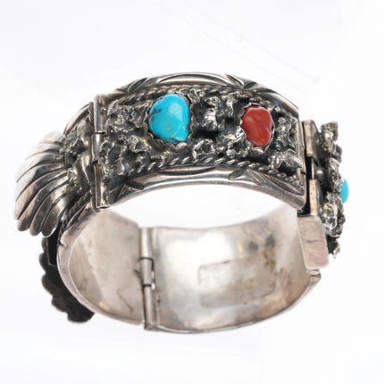 6" Angela Lee Navajo sterling silver, coral, turquoise flexible watch bracelet - Estate Fresh Austin