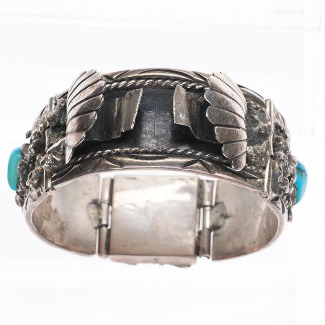 6" Angela Lee Navajo sterling silver, coral, turquoise flexible watch bracelet - Estate Fresh Austin