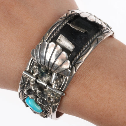 6" Angela Lee Navajo sterling silver, coral, turquoise flexible watch bracelet - Estate Fresh Austin