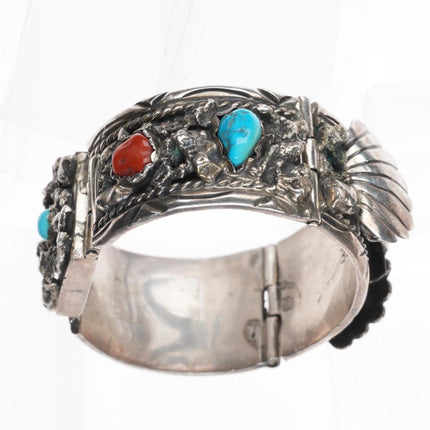 6" Angela Lee Navajo sterling silver, coral, turquoise flexible watch bracelet - Estate Fresh Austin