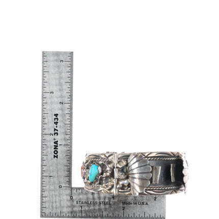 6" Angela Lee Navajo sterling silver, coral, turquoise flexible watch bracelet - Estate Fresh Austin