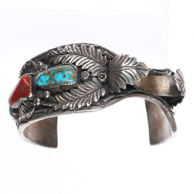 7.5" Nevada Turquoise/Coral Vintage Sterling silver Navajo watch cuff bracelet - Estate Fresh Austin