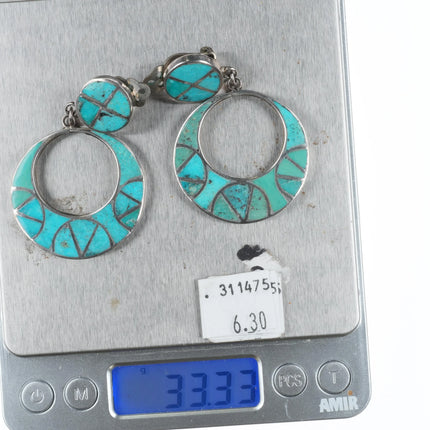 Big c1950 Vintage Zuni sterling silver turquoise channel inlay clip-on earrings