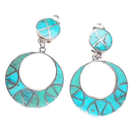 Big c1950 Vintage Zuni sterling silver turquoise channel inlay clip-on earrings