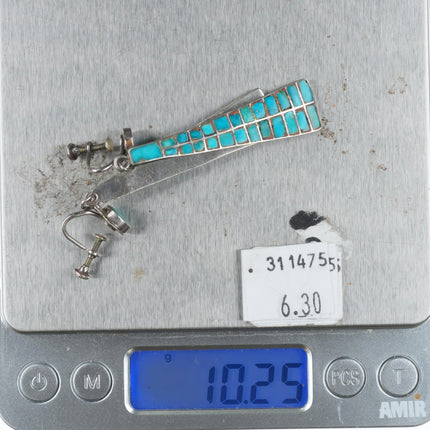 Long c1940's Zuni channel inlay screw back earrings sterling silver/turquoise