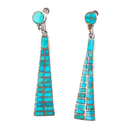 Long c1940's Zuni channel inlay screw back earrings sterling silver/turquoise