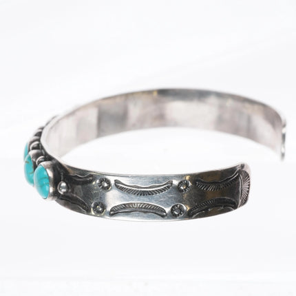 6.5" 1930s Navajo turquoise row cuff bracelet hand stamped sides sterling silver