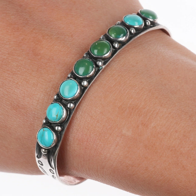6.5" 1930s Navajo turquoise row cuff bracelet hand stamped sides sterling silver