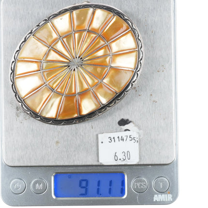 Howard Begay Navajo sterling silver shell yellow mother of pearl belt buckle