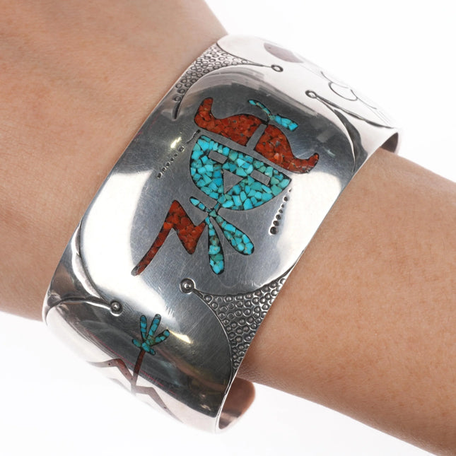 7.1" Tommy Singer Navajo sterling silver Chip inlay Kachina/Corn cuff bracelet - Estate Fresh Austin