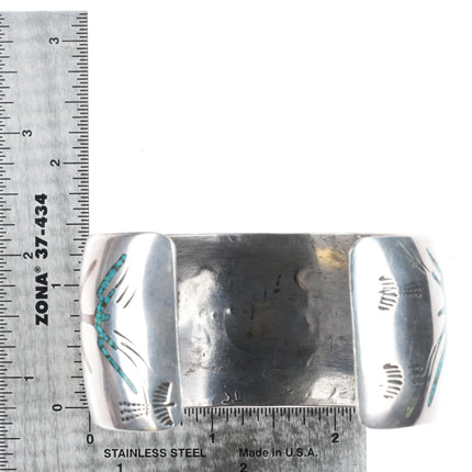7.1" Tommy Singer Navajo sterling silver Chip inlay Kachina/Corn cuff bracelet - Estate Fresh Austin