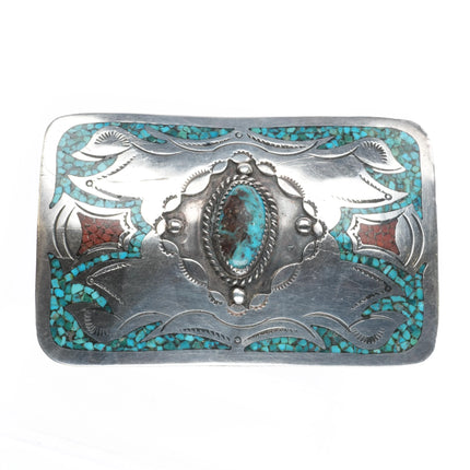 Vintage Navajo Sterling silver and turquoise chip inlay belt buckle - Estate Fresh Austin