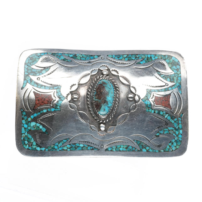 Vintage Navajo Sterling silver and turquoise chip inlay belt buckle - Estate Fresh Austin