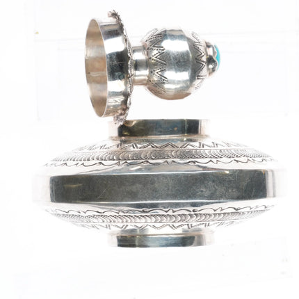 Jeffrey Castillo Navajo hand stamped sterling silver/turquoise jar w/lid