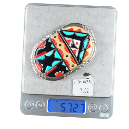 Virginia Quam Zuni sterling silver cobblestone inlay turquoise/coral belt buckle
