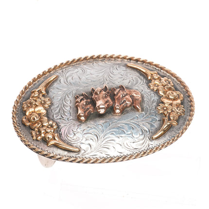 Vintage Sterling silver Diablo Big hand engraved horse heads trophy belt buckle