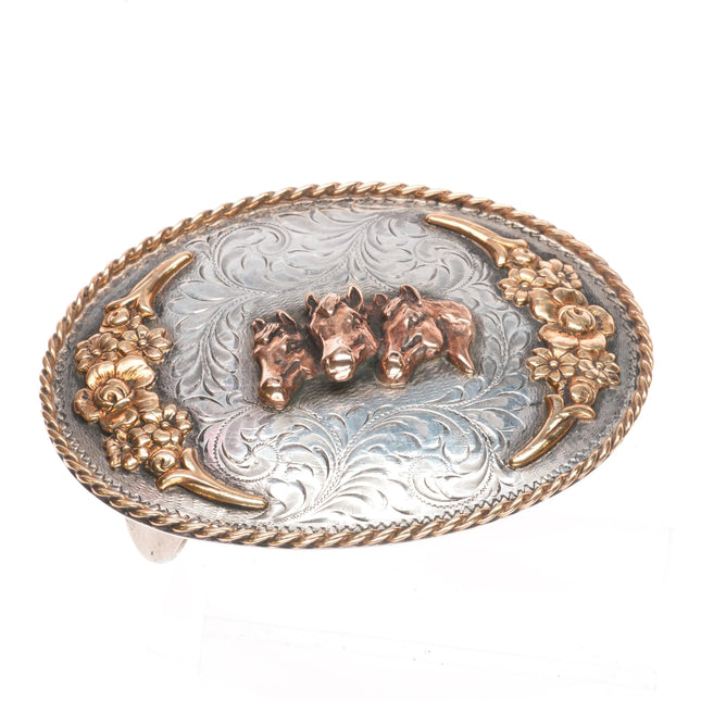 Vintage Sterling silver Diablo Big hand engraved horse heads trophy belt buckle