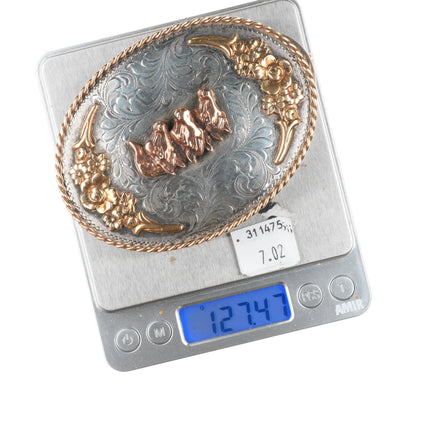 Vintage Sterling silver Diablo Big hand engraved horse heads trophy belt buckle