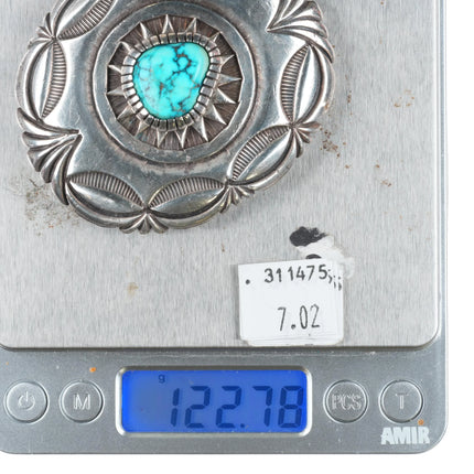 Emerson Bill Navajo Deep stamped sterling silver hi-grade turquoise belt buckle