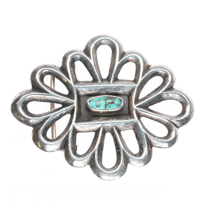 Big Vintage Navajo sandcast sterling silver belt buckle with center turquoise