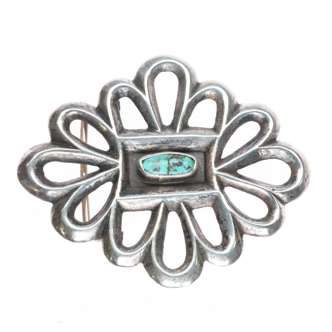 Big Vintage Navajo sandcast sterling silver belt buckle with center turquoise