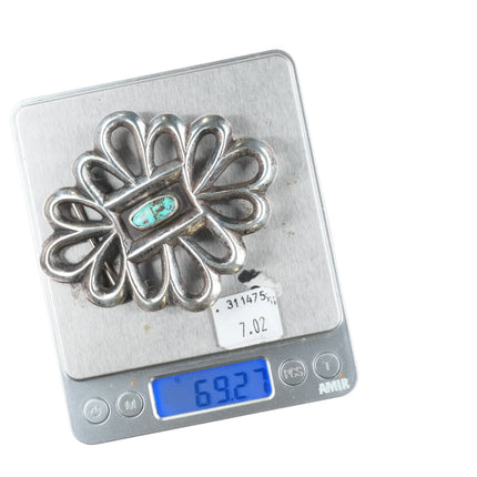 Big Vintage Navajo sandcast sterling silver belt buckle with center turquoise