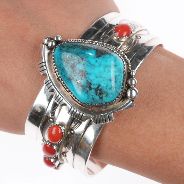6.25" Gene Nataan Navajo Morenci turquoise-coral sterling silver cuff bracelet