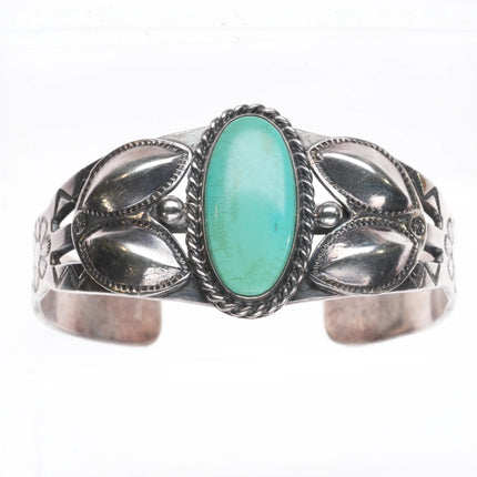6.8" 40's-50's Navajo sterling silver hand stamped green turquoise cuff bracelet