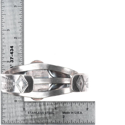 6.8" 40's-50's Navajo sterling silver hand stamped green turquoise cuff bracelet