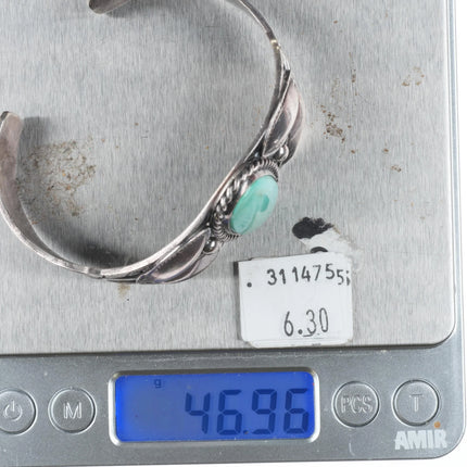 6.8" 40's-50's Navajo sterling silver hand stamped green turquoise cuff bracelet