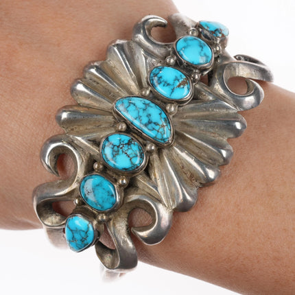6.1" c1940's Candelaria spiderweb turquoise cast sterling silver cuff bracelet - Estate Fresh Austin