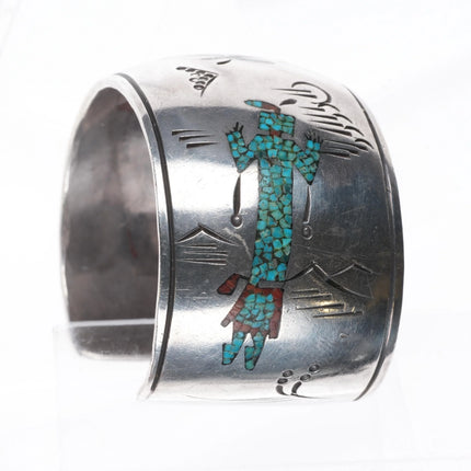 7" Navajo sterling silver Kachina/Yei chip inlay wide band cuff bracelet - Estate Fresh Austin