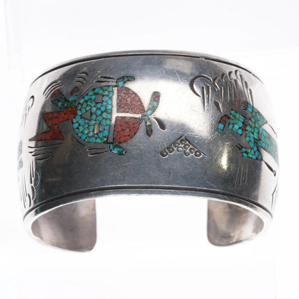 7" Navajo sterling silver Kachina/Yei chip inlay wide band cuff bracelet - Estate Fresh Austin