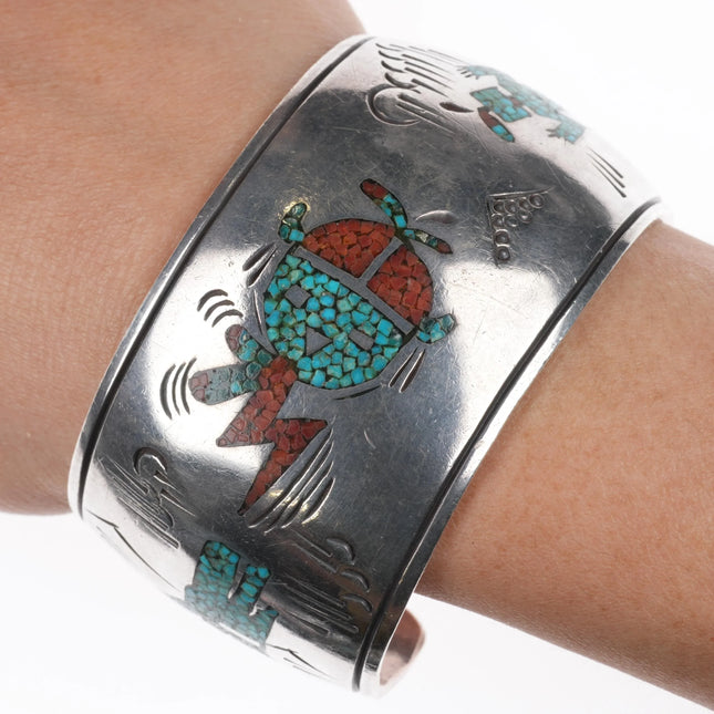 7" Navajo sterling silver Kachina/Yei chip inlay wide band cuff bracelet - Estate Fresh Austin
