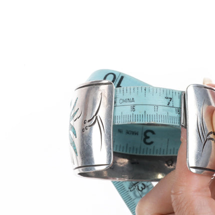 7" Navajo sterling silver Kachina/Yei chip inlay wide band cuff bracelet - Estate Fresh Austin